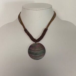 Lia Sophia Corded Bronze Beaded Necklace Abalone Shell Pendant Boho Beachy